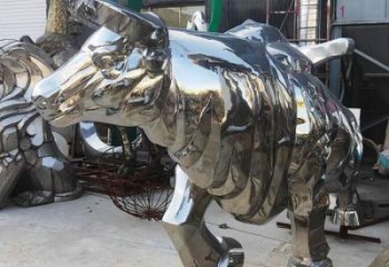 步行街犀牛雕塑，鑄銅農(nóng)耕雕塑，鏤空方式