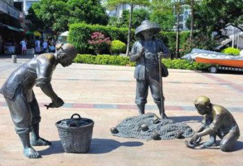 噴漆漁民雕塑 中式村口民俗雕塑 草地捕魚雕塑