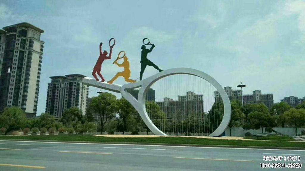 鏡面球拍雕塑 烤漆大型體育雕塑 彩繪網球拍雕塑