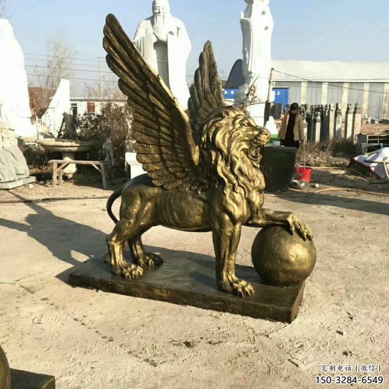 抽象獅子雕塑制造，動物美陳雕塑，仿銅飛獅雕塑展品