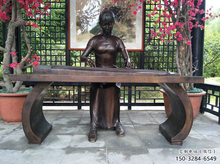 彈古箏雕塑選用，景區案例，純銅仿古制造商
