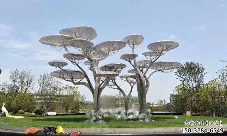 遮陽樹雕塑定做，小區擺件，鏡面不銹鋼遮陽樹雕塑制作
