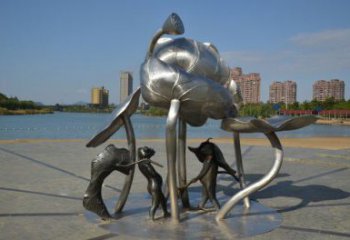 瓊山蓮蓬嬉戲雕塑，城市植物景觀雕塑，不銹鋼鏡面效果